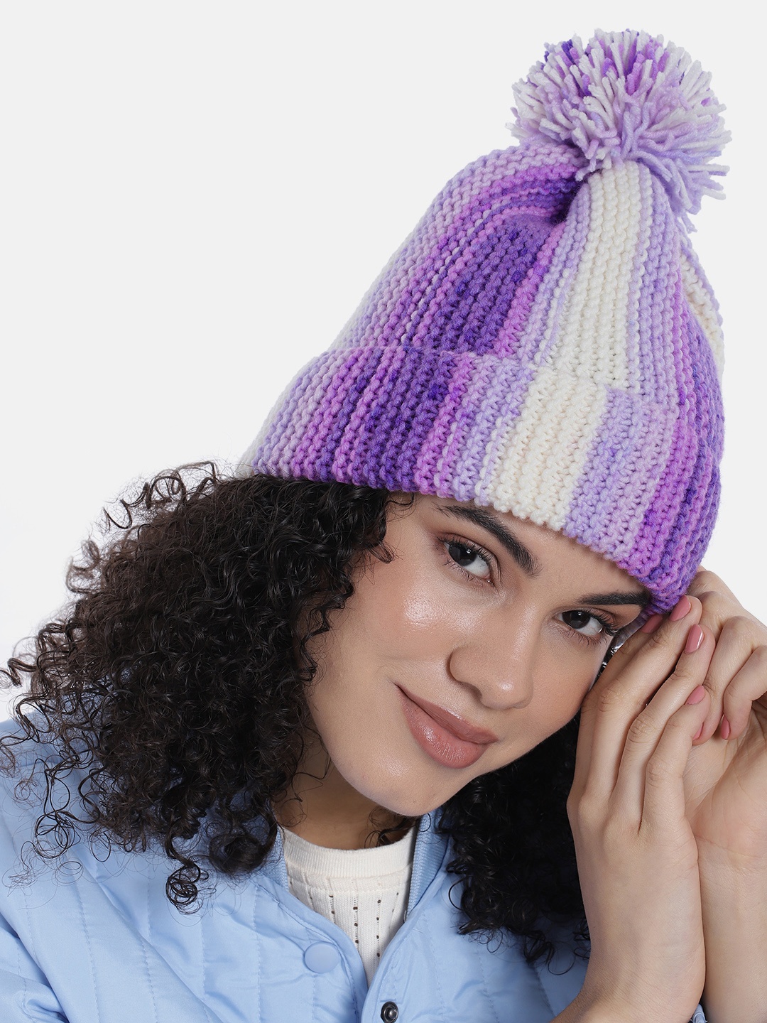 

Magic Needles Women Vertical Striped Knitted Beanie with Pompom, Purple