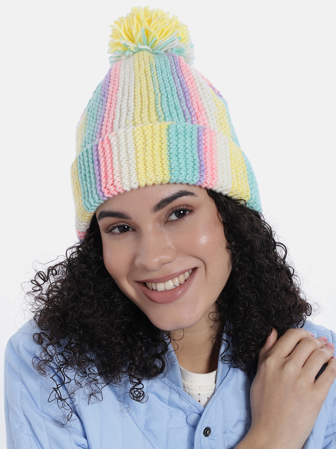 

Magic Needles Women Vertical Striped Knitted Beanie with Pompom, Multi