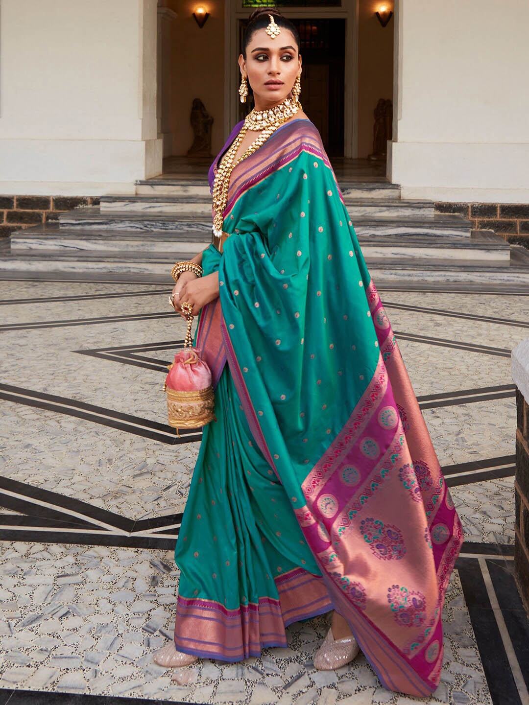 

Mitera Green & Pink Ethnic Motifs Woven Design Zari Jacquard Paithani Saree, Teal