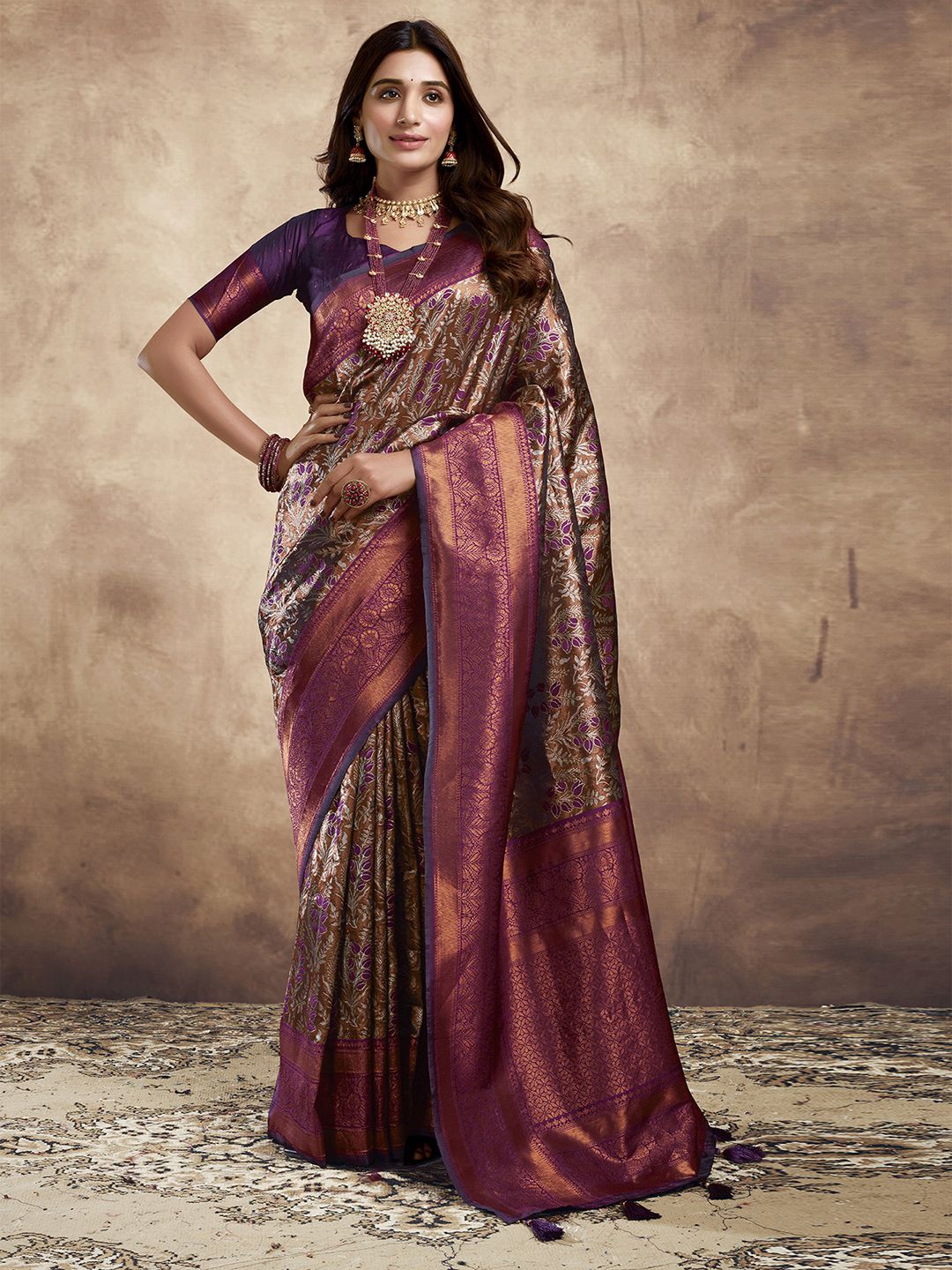 

Mitera Woven Design Zari Banarasi Saree with Tassels, Purple