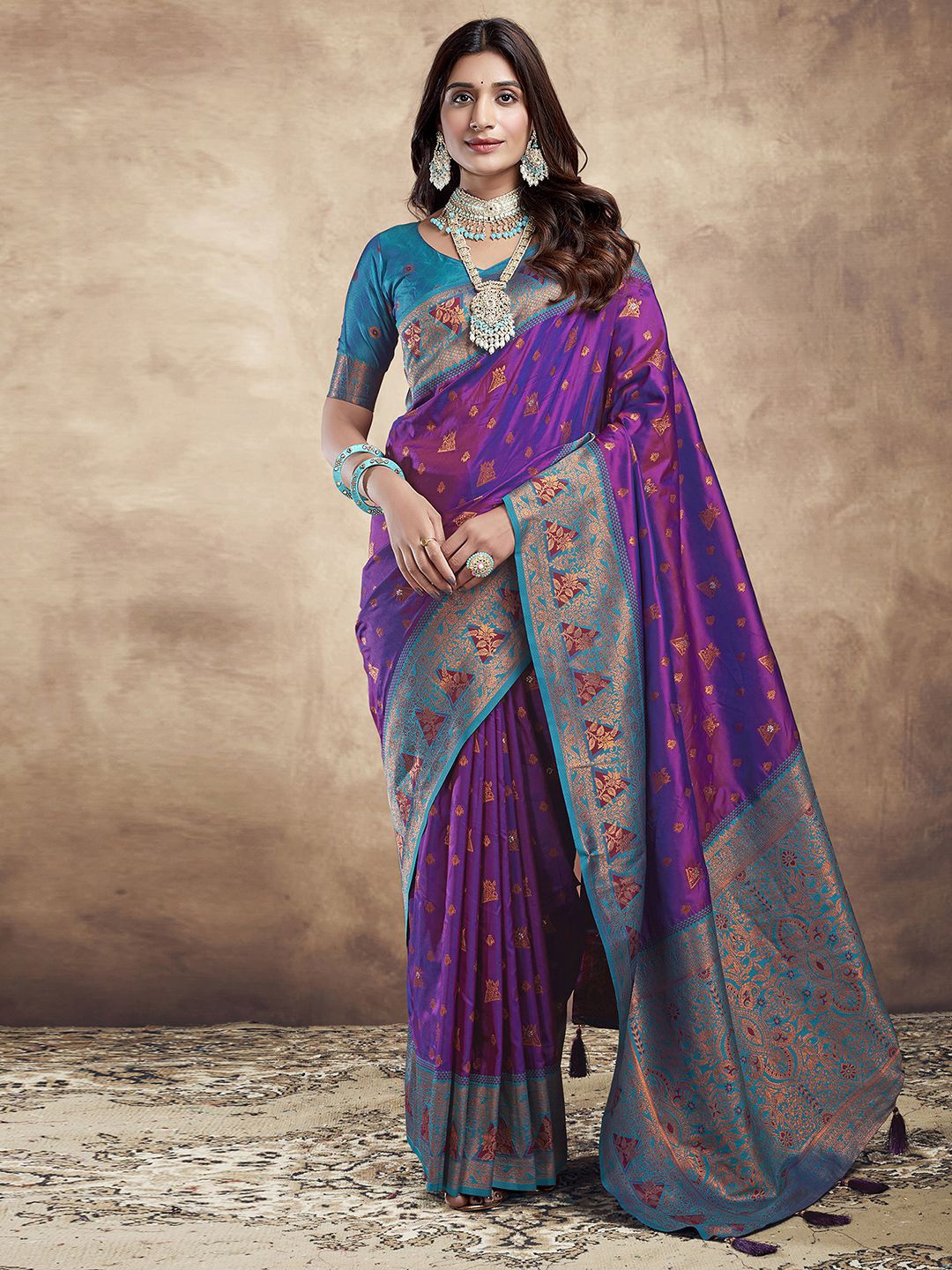 

Mitera Woven Design Zari Jacquard Saree with Tassels, Purple