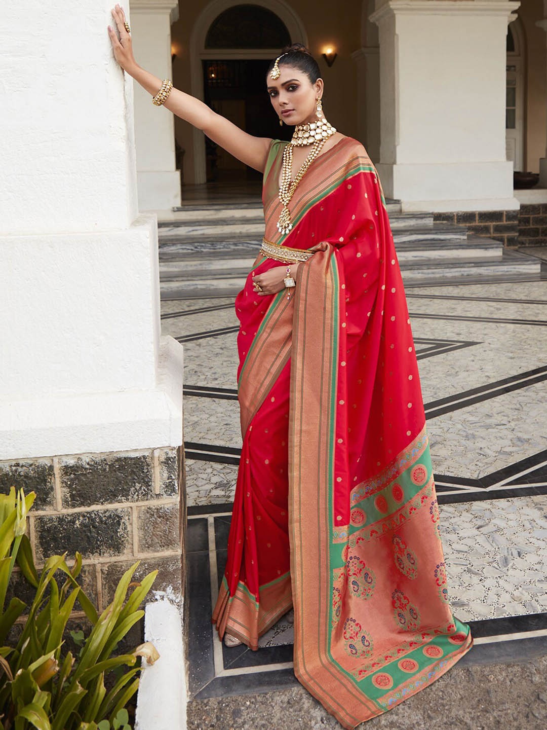 

Mitera Red & Green Ethnic Motifs Woven Design Zari Jacquard Paithani Saree