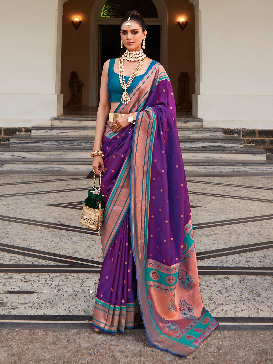 

Mitera Purple & Blue Ethnic Motifs Woven Design Zari Jacquard Paithani Saree