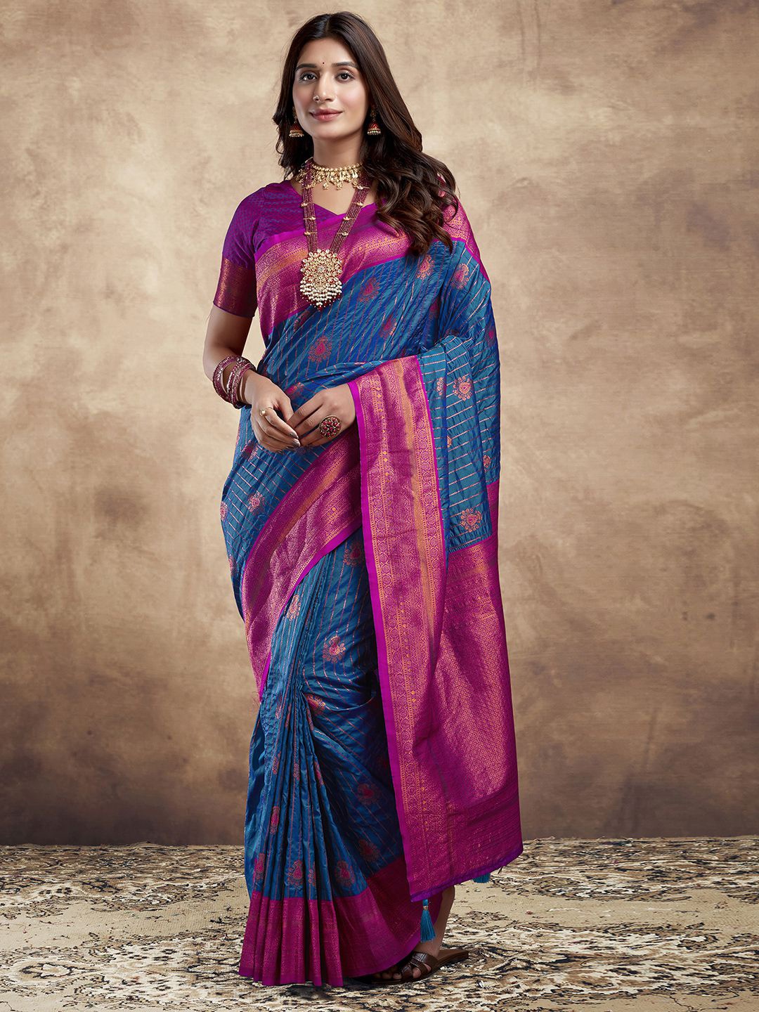 

Mitera Blue & Pink Ethnic Motifs Woven Design Zari Jacquard Banarasi Saree, Navy blue