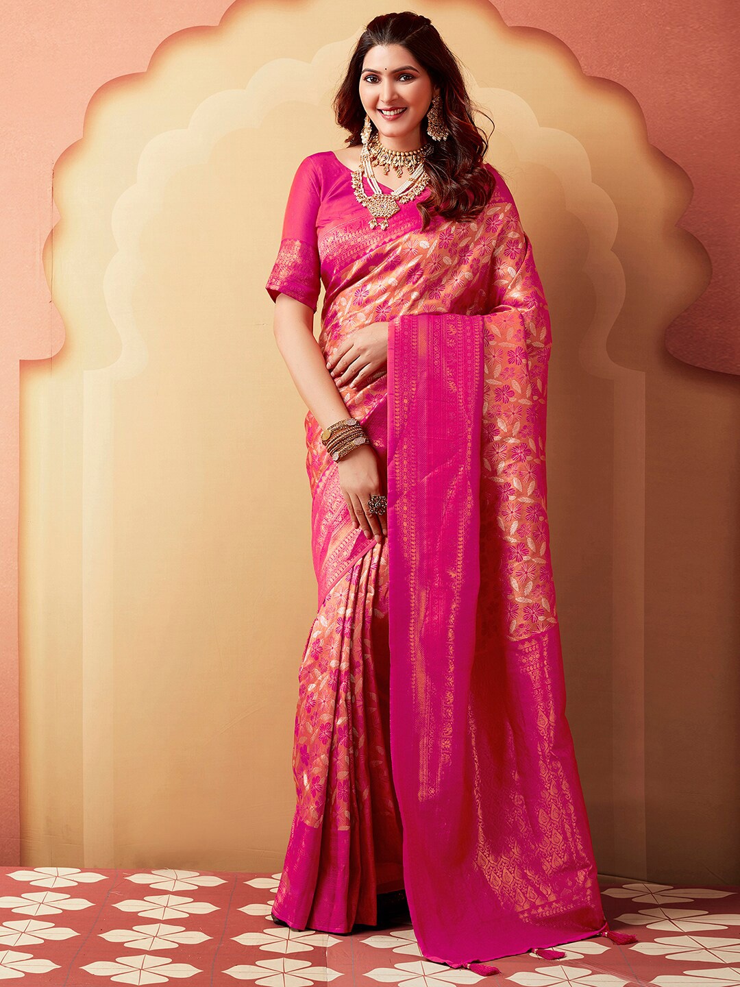 

Mitera Pink & Orange Floral Woven Design Zari Jacquard Banarasi Saree