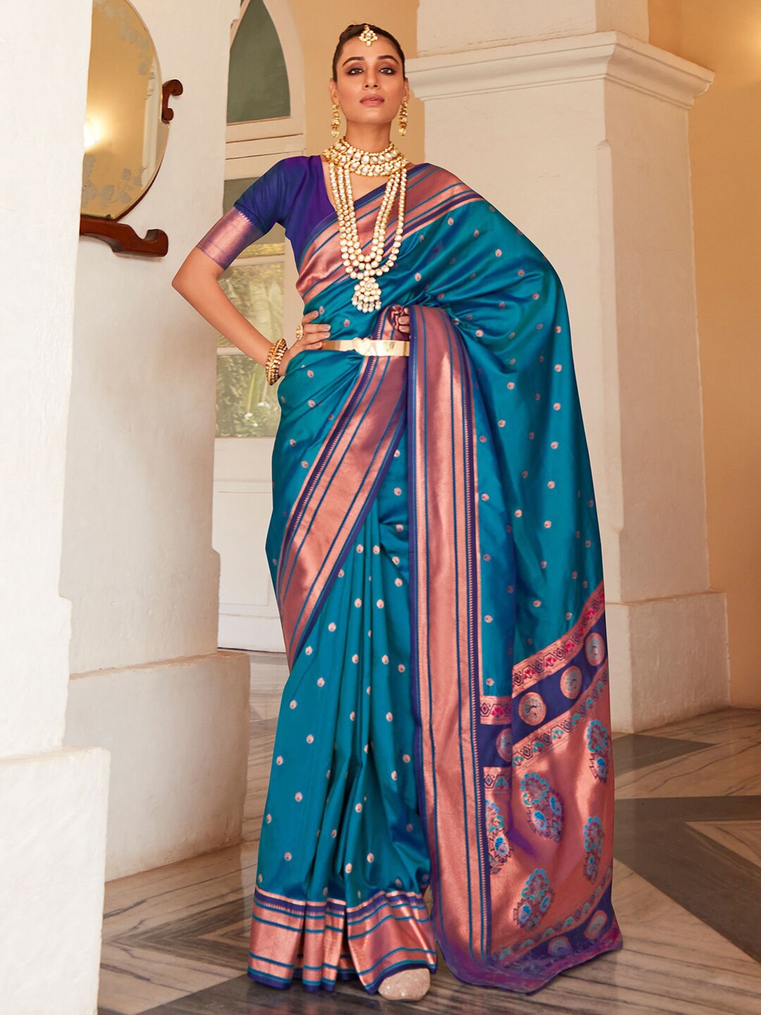 

Mitera Blue & Rose Gold Toned Ethnic Motifs Woven Design Zari Jacquard Paithani Saree