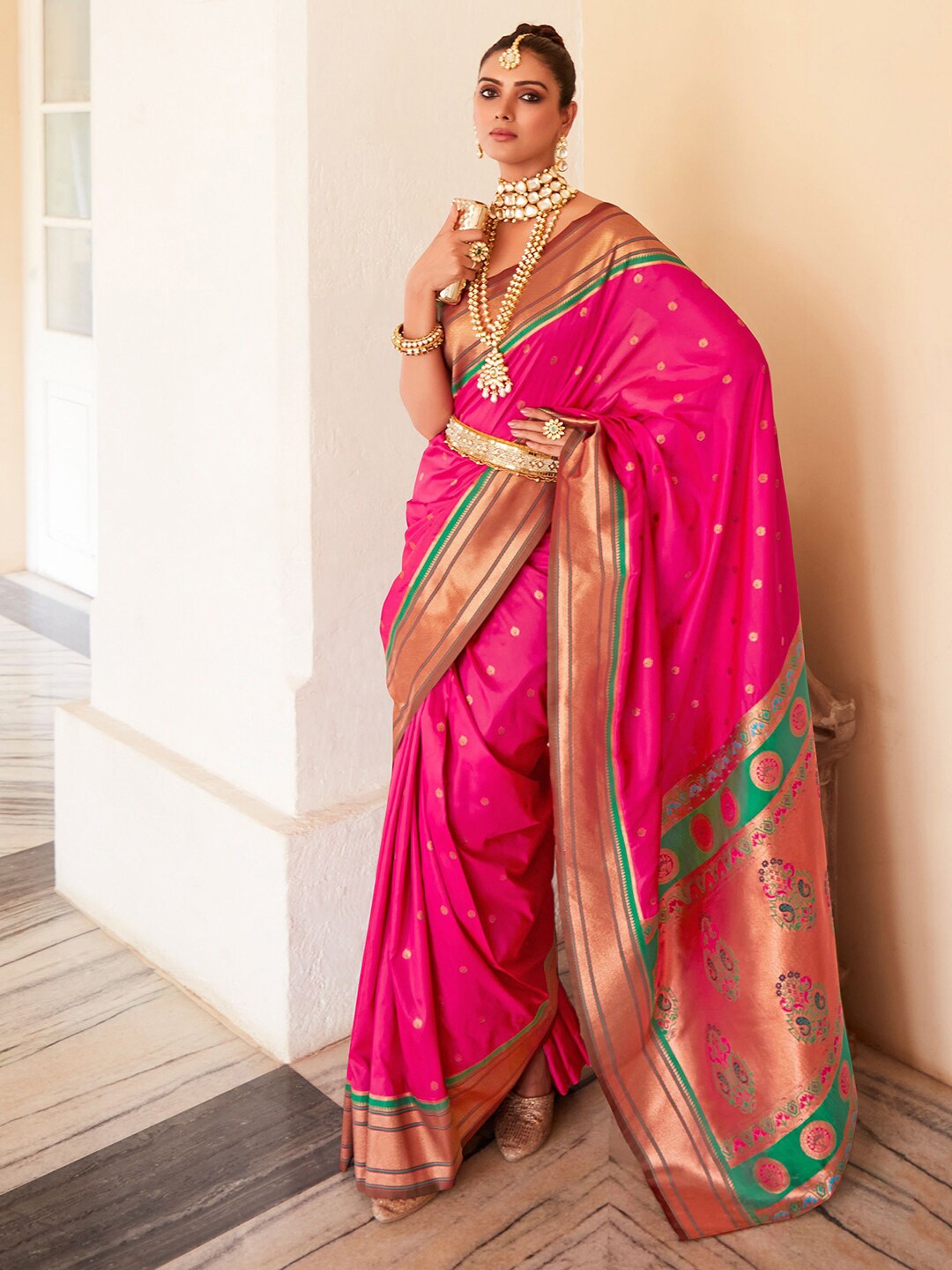 

Mitera Ethnic Motifs Woven Design Zari Paithani Saree, Pink