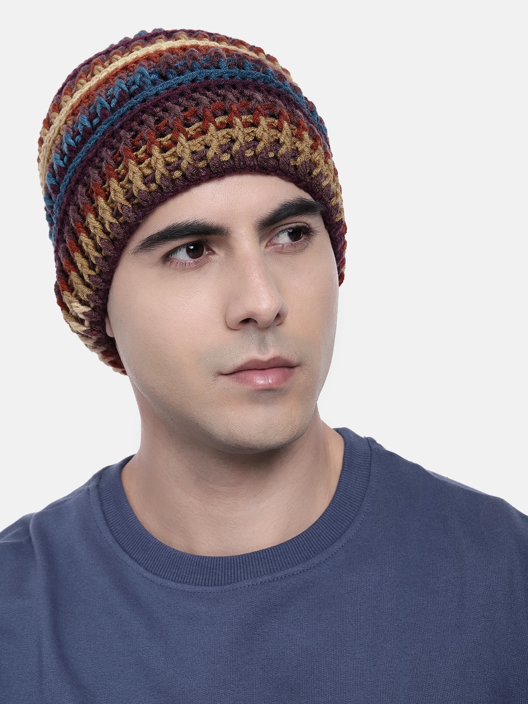 

Magic Needles Women Striped Knitted Beanie, Brown