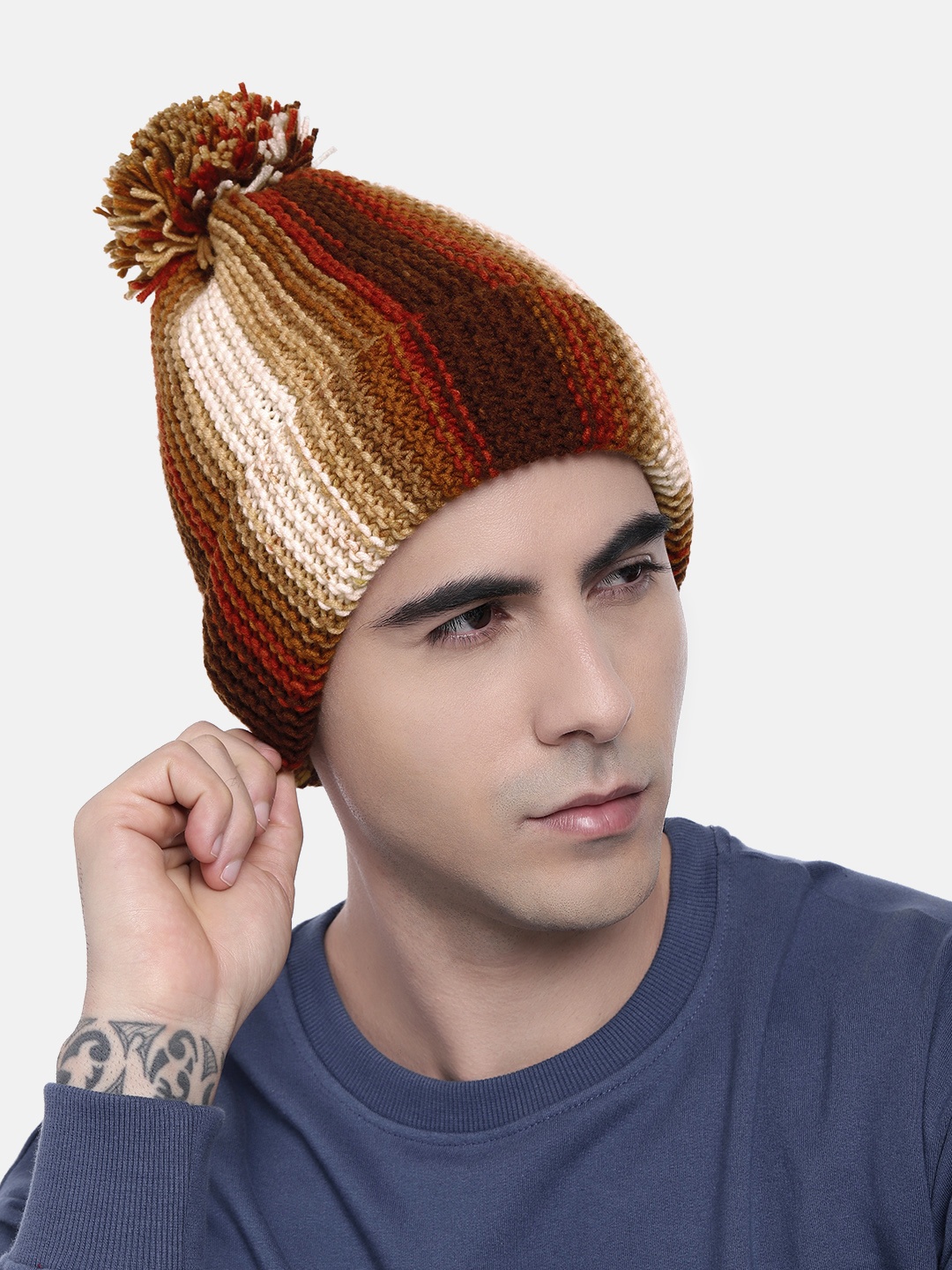 

Magic Needles Women Vertical Striped Knitted Beanie with Pompom, Multi