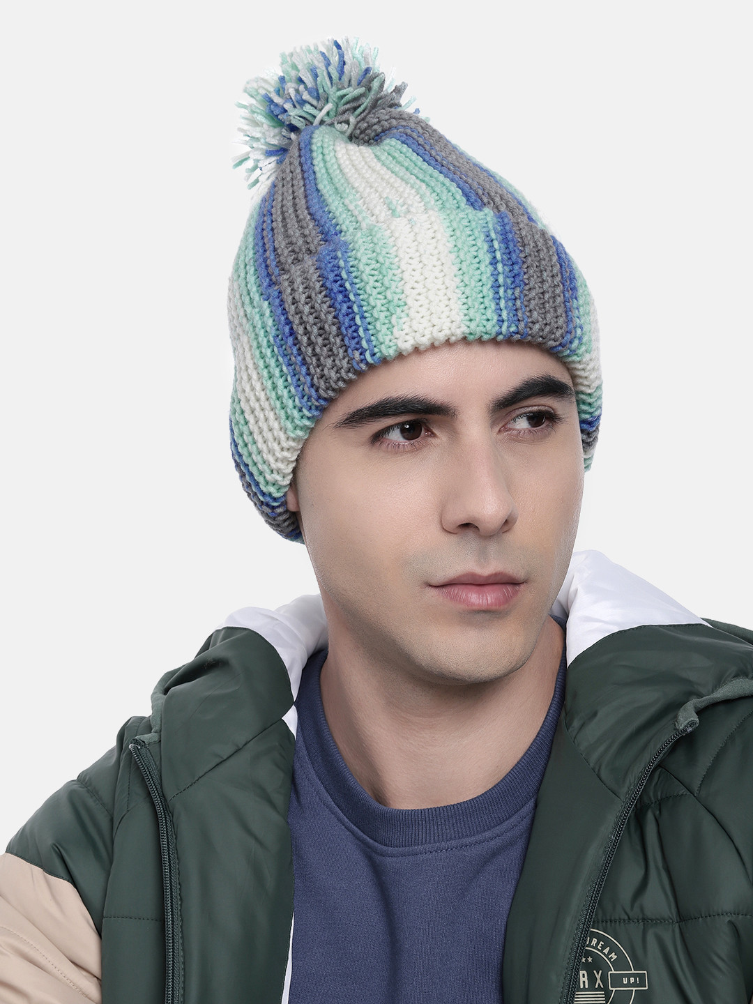 

Magic Needles Women Vertical Striped Knitted Beanie with Pompom, Multi