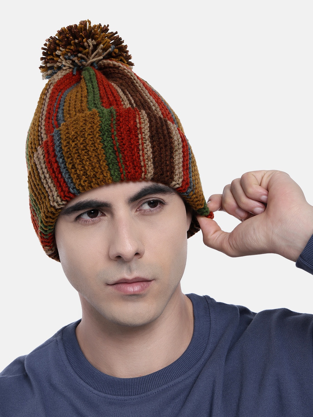 

Magic Needles Women Vertical Striped Knitted Beanie with Pompom, Multi