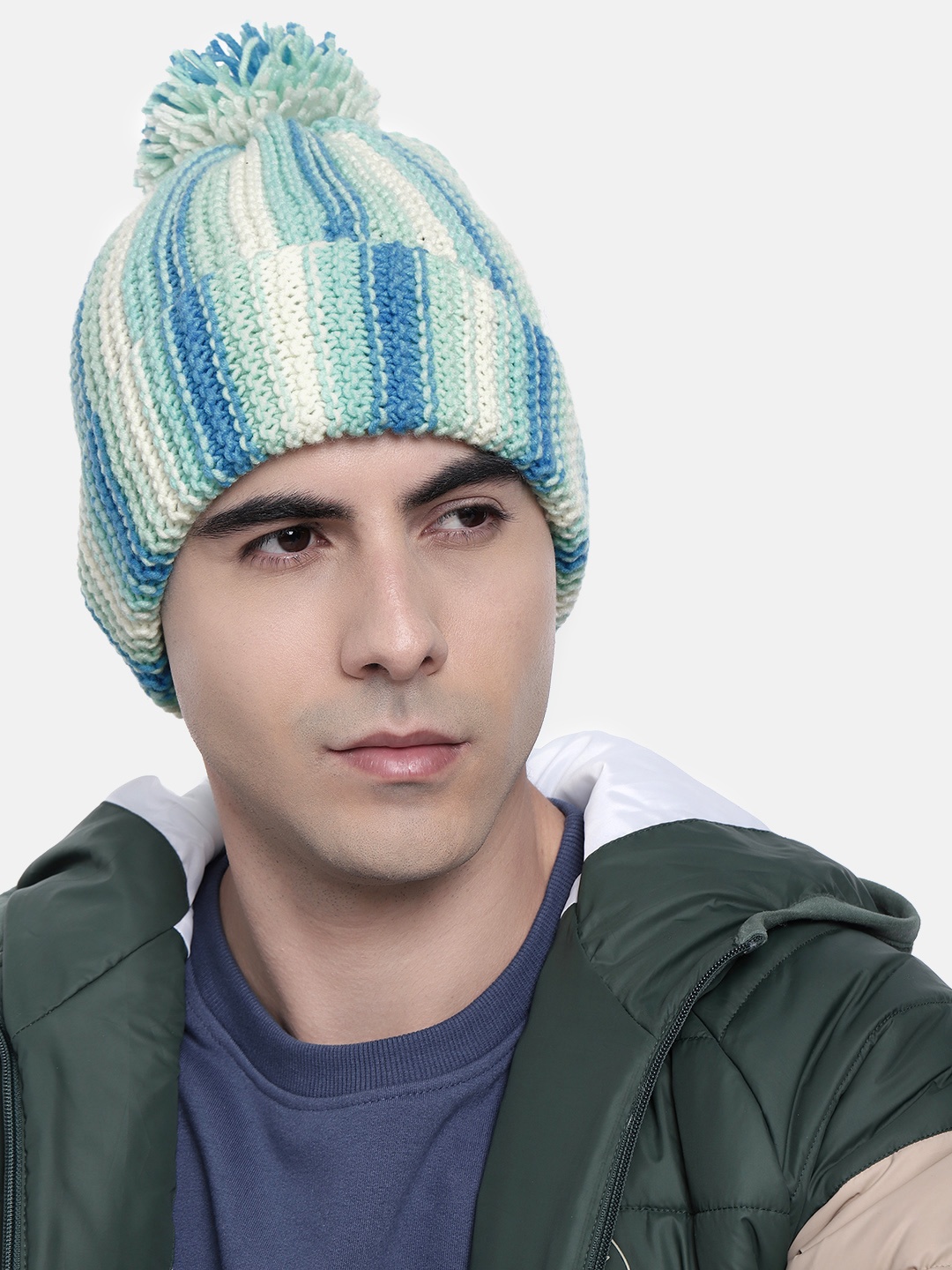 

Magic Needles Women Vertical Striped Knitted Beanie with Pompom, Sea green