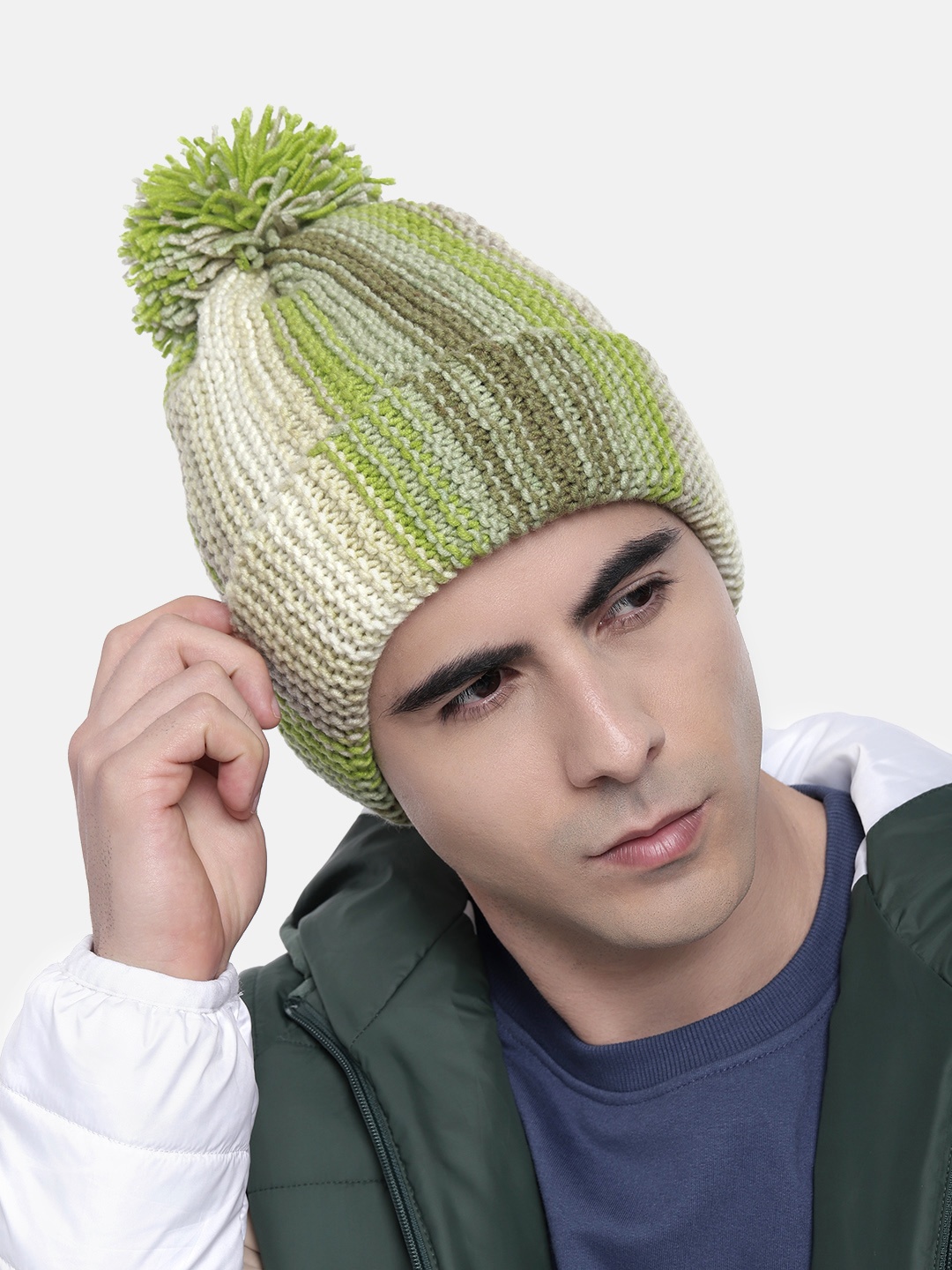 

Magic Needles Women Vertical Striped Knitted Beanie with Pompom, Green