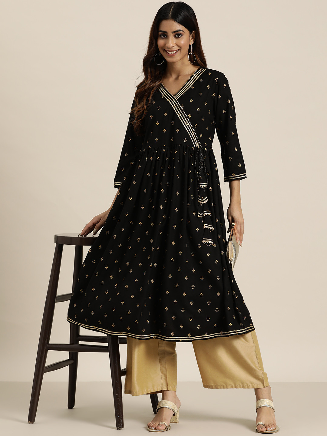 

HERE&NOW Women Ethnic Motifs Printed Gotta Patti A-Line Kurta, Black