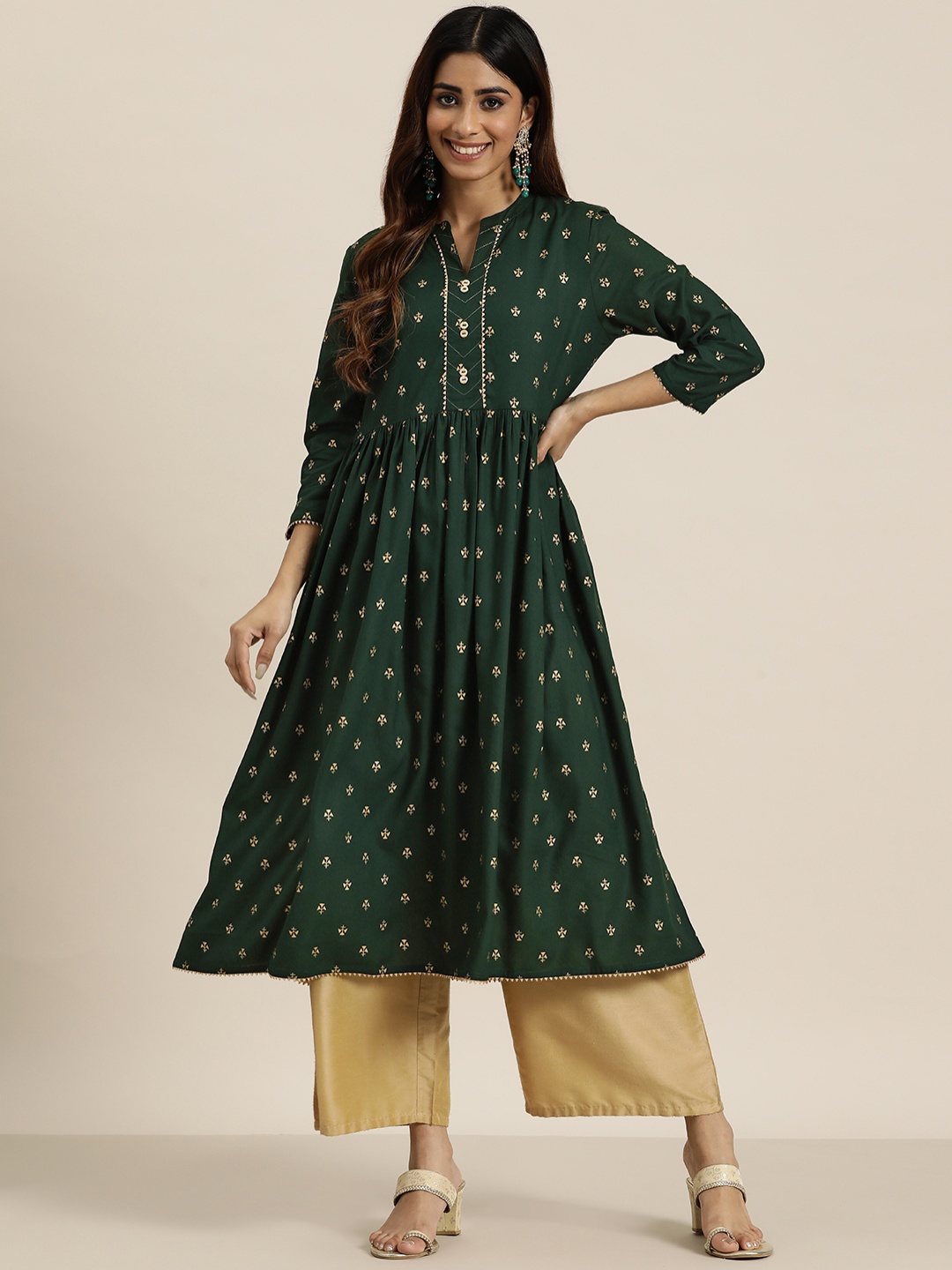 

HERE&NOW Women Ethnic Motifs Printed Gotta Patti A-Line Kurta, Green