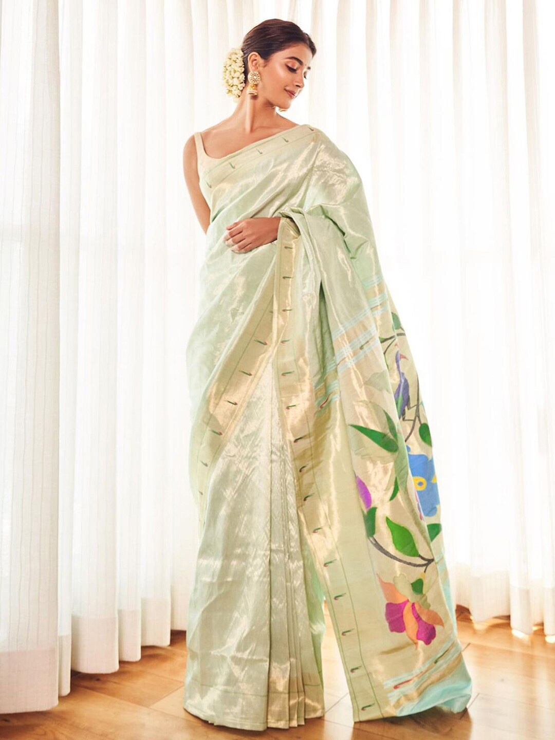 

Satrani Floral Art Silk Heavy Work Paithani Saree, Lime green