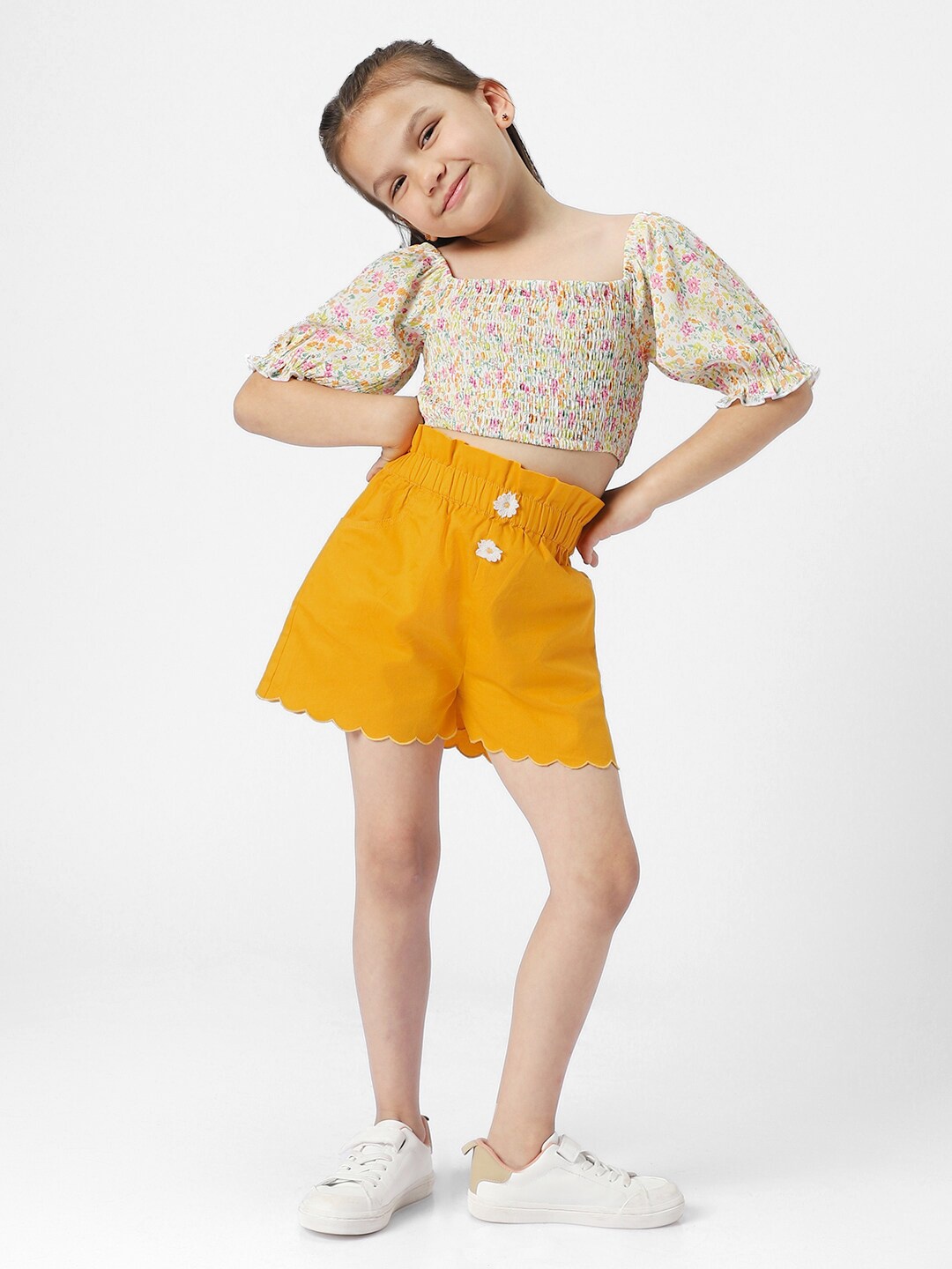 

Nauti Nati Girls Printed Square Neck Smocked Top with Shorts, White