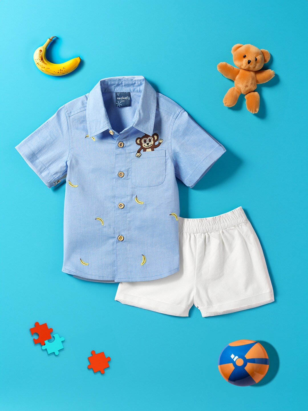 

Nauti Nati Boys Embroidered Pure Cotton Shirt With Shorts, Blue