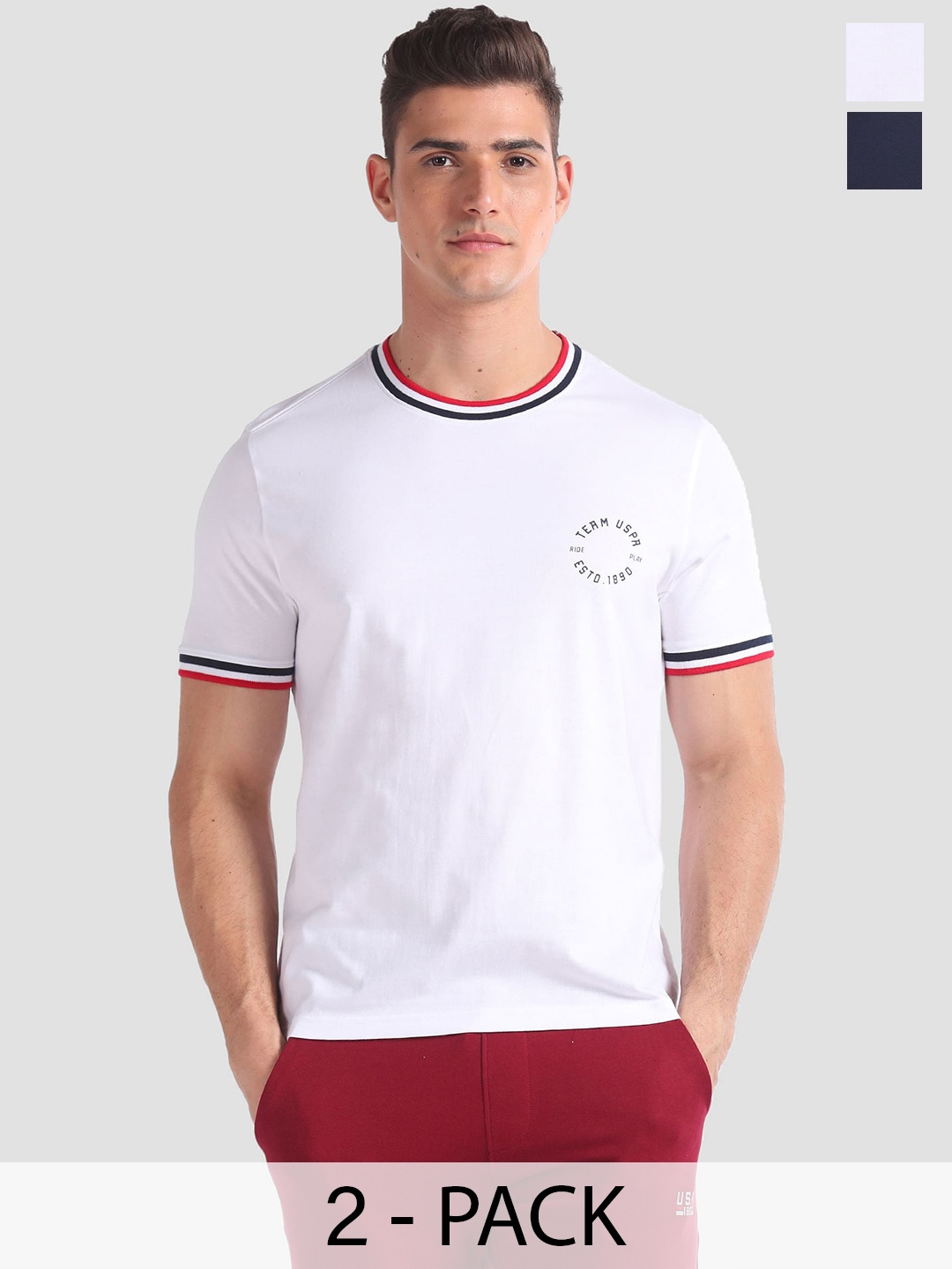

U.S. Polo Assn. Essential Pack Of 2 Striped Neck Cotton Lounge T-Shirts, White