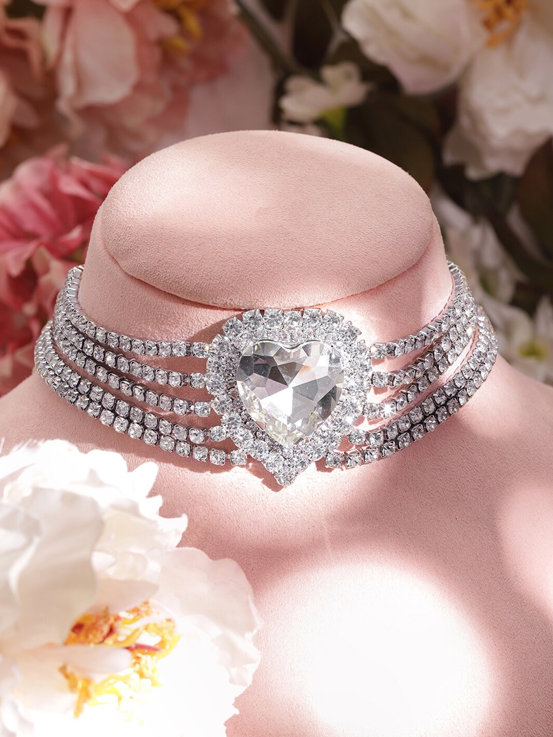 

Rubans Rhodium Plated Crystal & CZ Studded Heart Shaped 3 Layered Choker, Silver