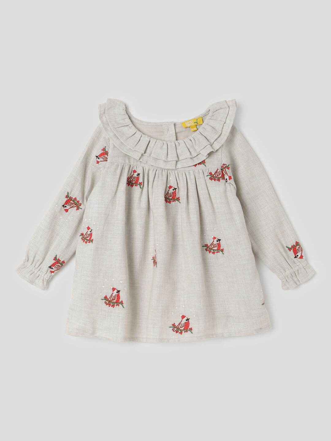 

Somersault Girls Embroidered Cuffed Sleeves Cotton A-Line Dress, Grey