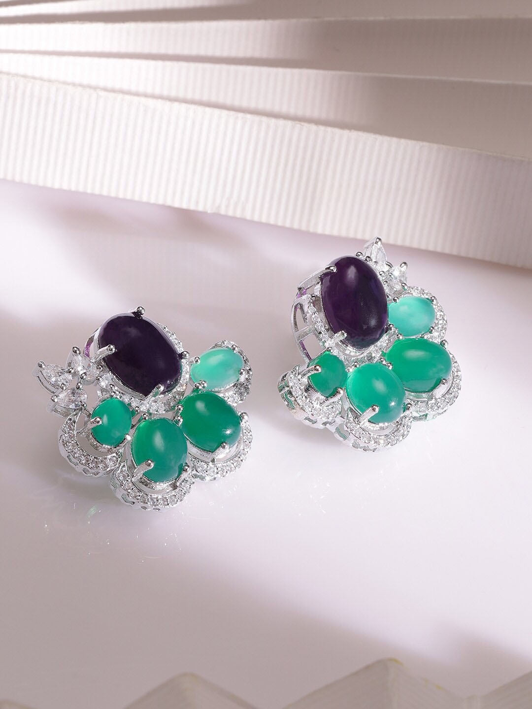 

Rubans Rhodium-Plated Contemporary American Diamond Studs Earrings, Silver