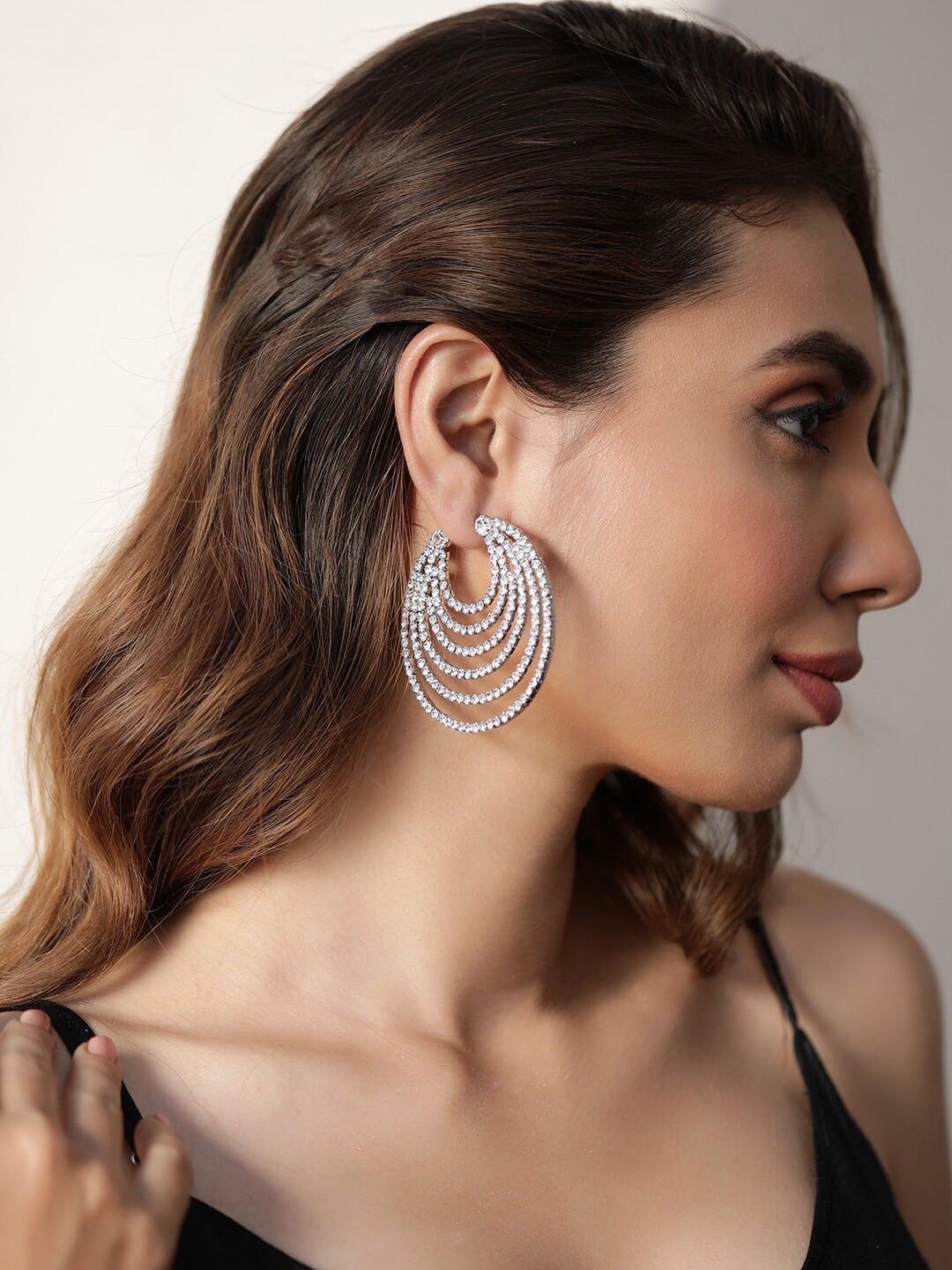 

Rubans Rhodium-Plated American Diamond Contemporary Hoop Earrings, Silver