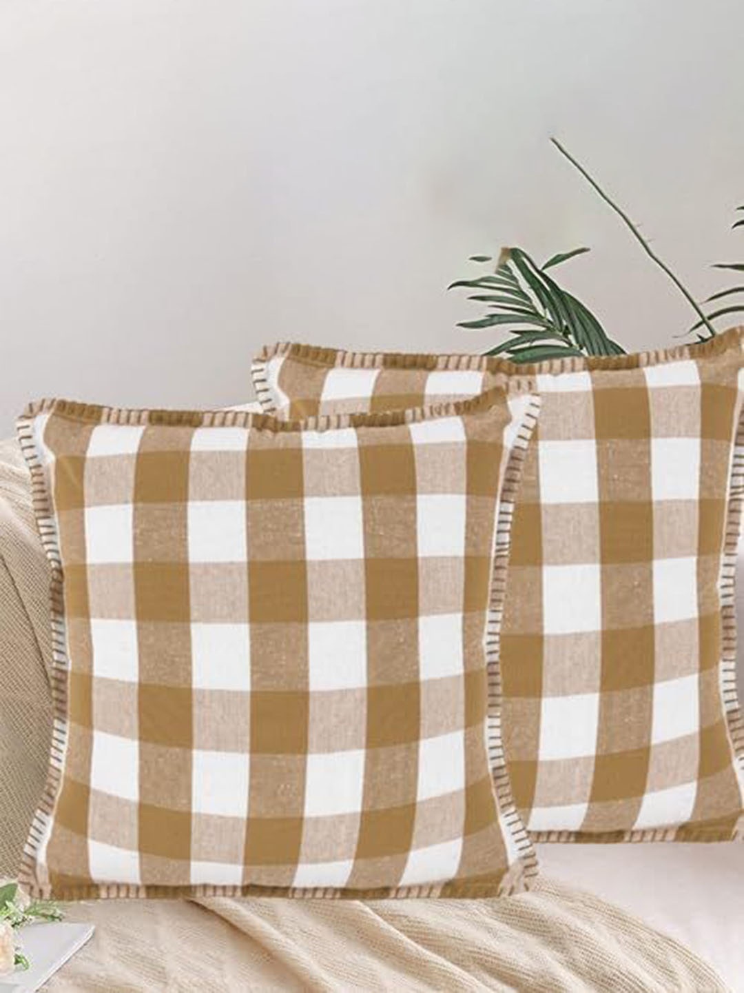 

Lushomes Beige & White 2 Pieces Cotton Checked Square Cushion Covers