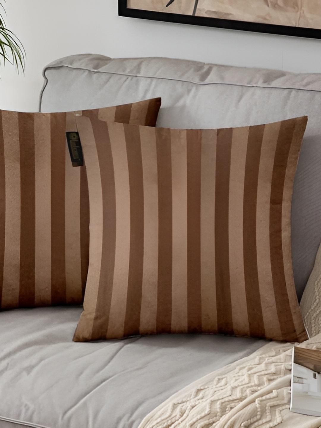 

Lushomes Brown & Gold Toned 2 Pieces Striped Square Cushion Covers