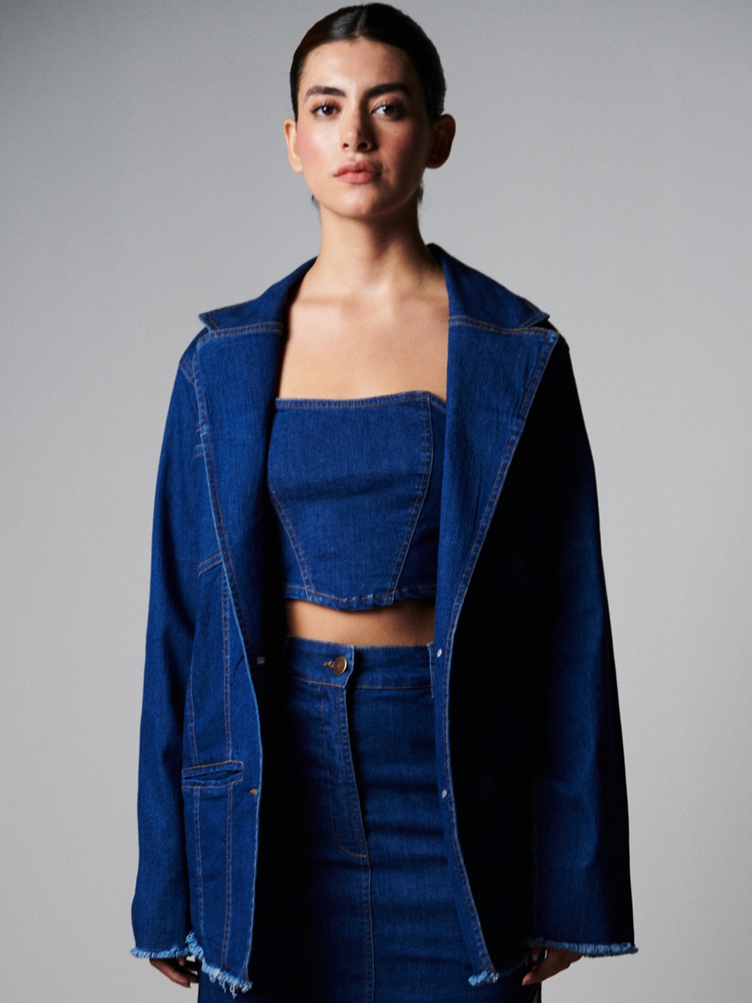 

SOTBELLA Lapel Collar Longline Denim Jacket, Blue