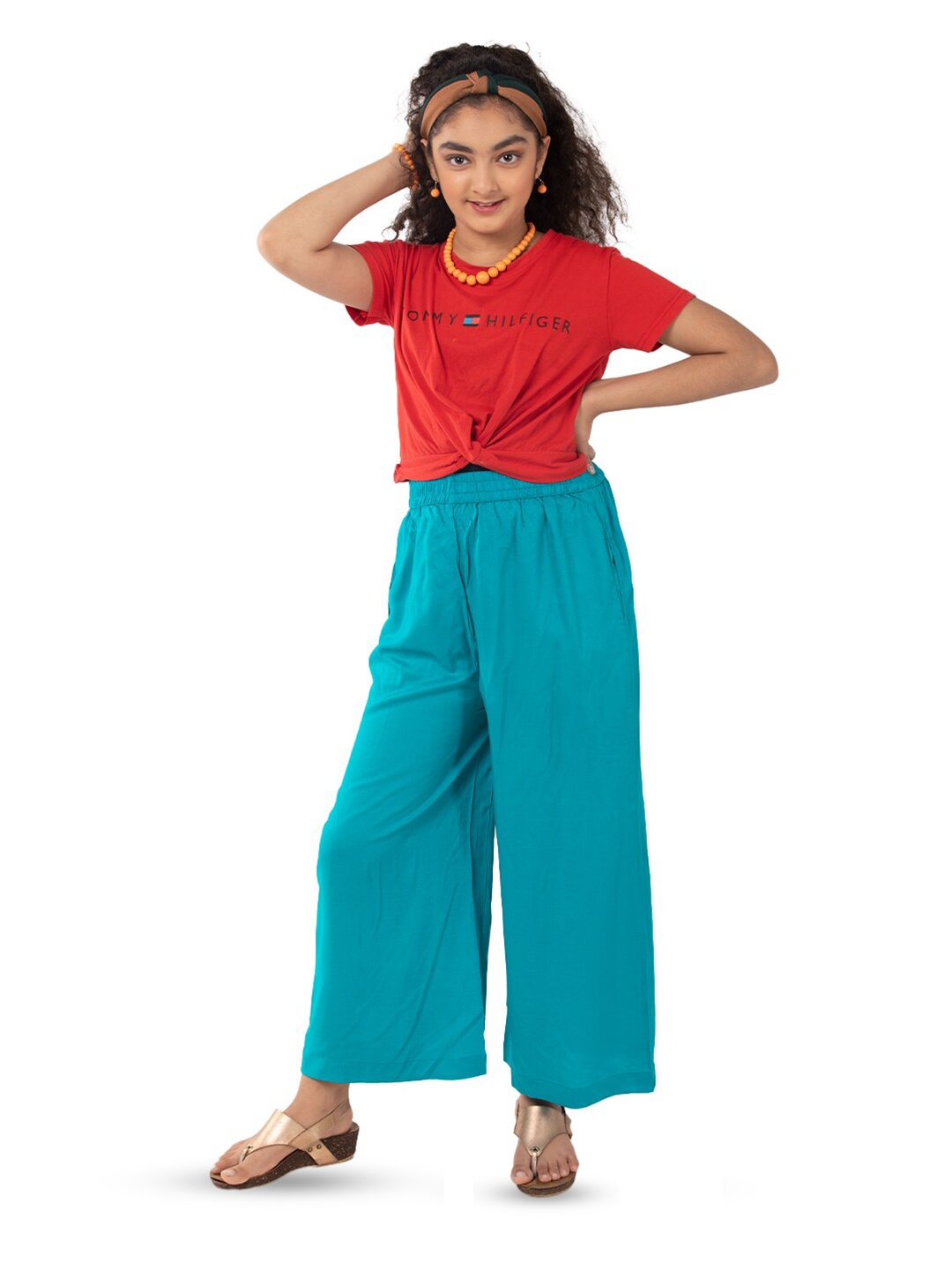 

indian flower Girls Wide Leg Mid Rise Palazzos, Blue