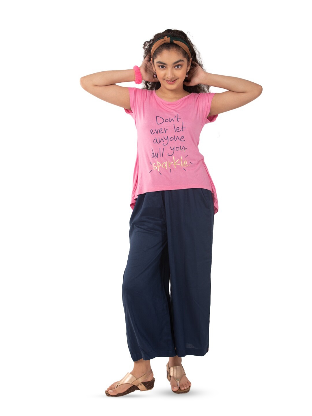 

indian flower Girls Wide Leg Palazzos, Navy blue