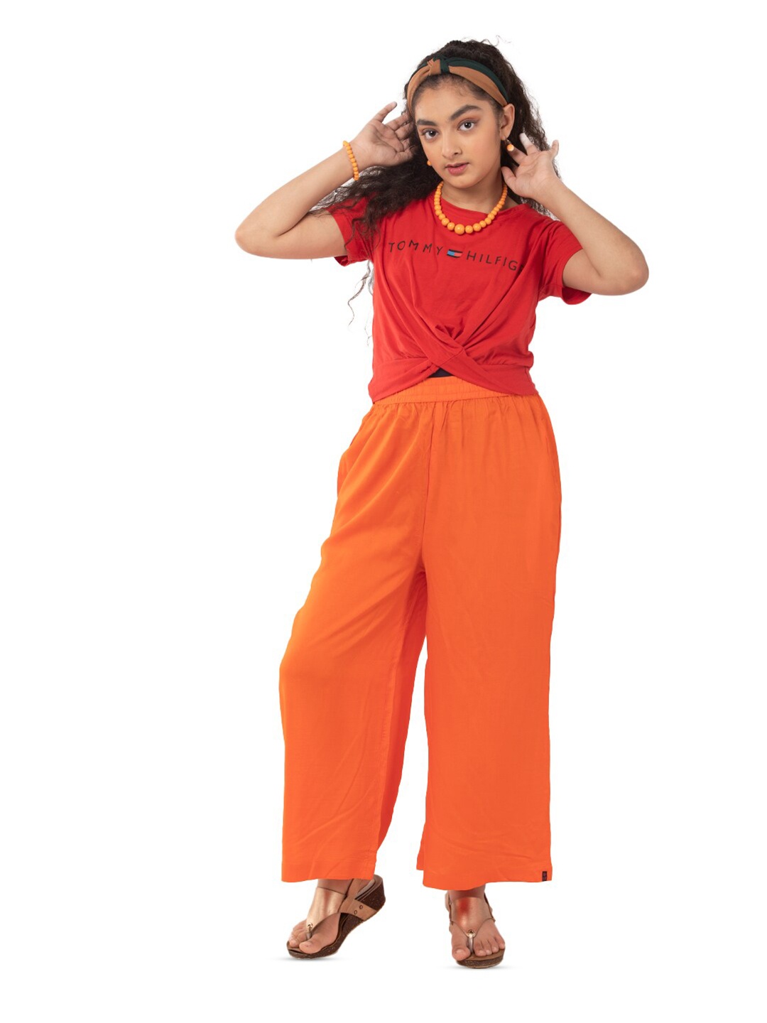 

indian flower Girls Wide Leg Palazzos, Orange