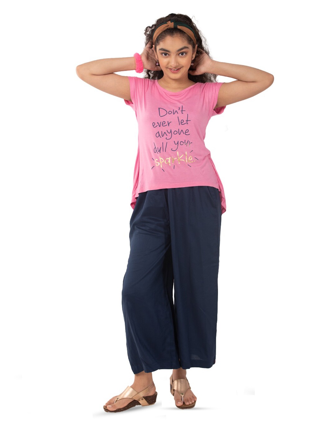 

indian flower Girls Wide Leg Palazzos, Navy blue