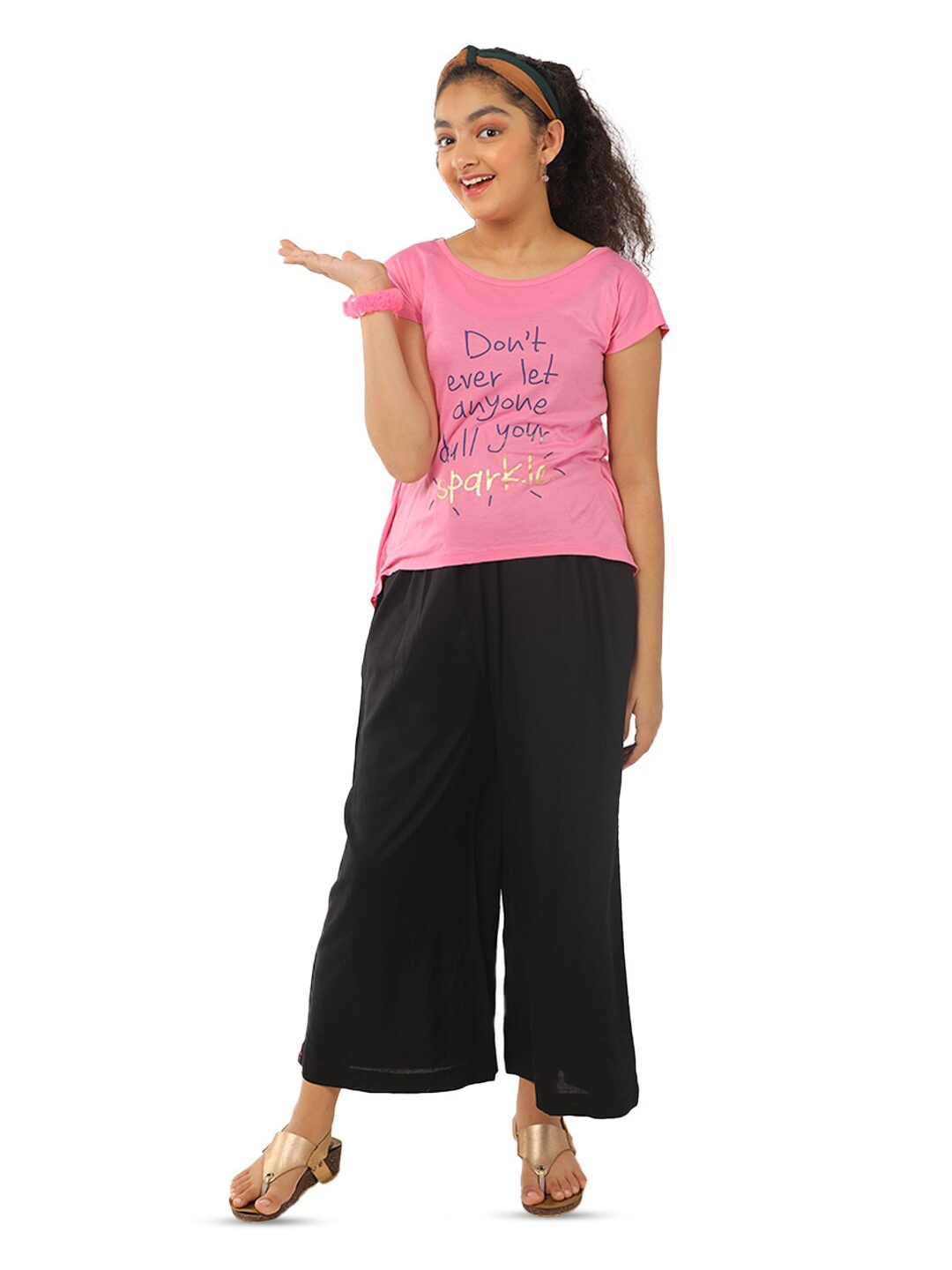 

indian flower Girls Wide Leg Palazzos, Black