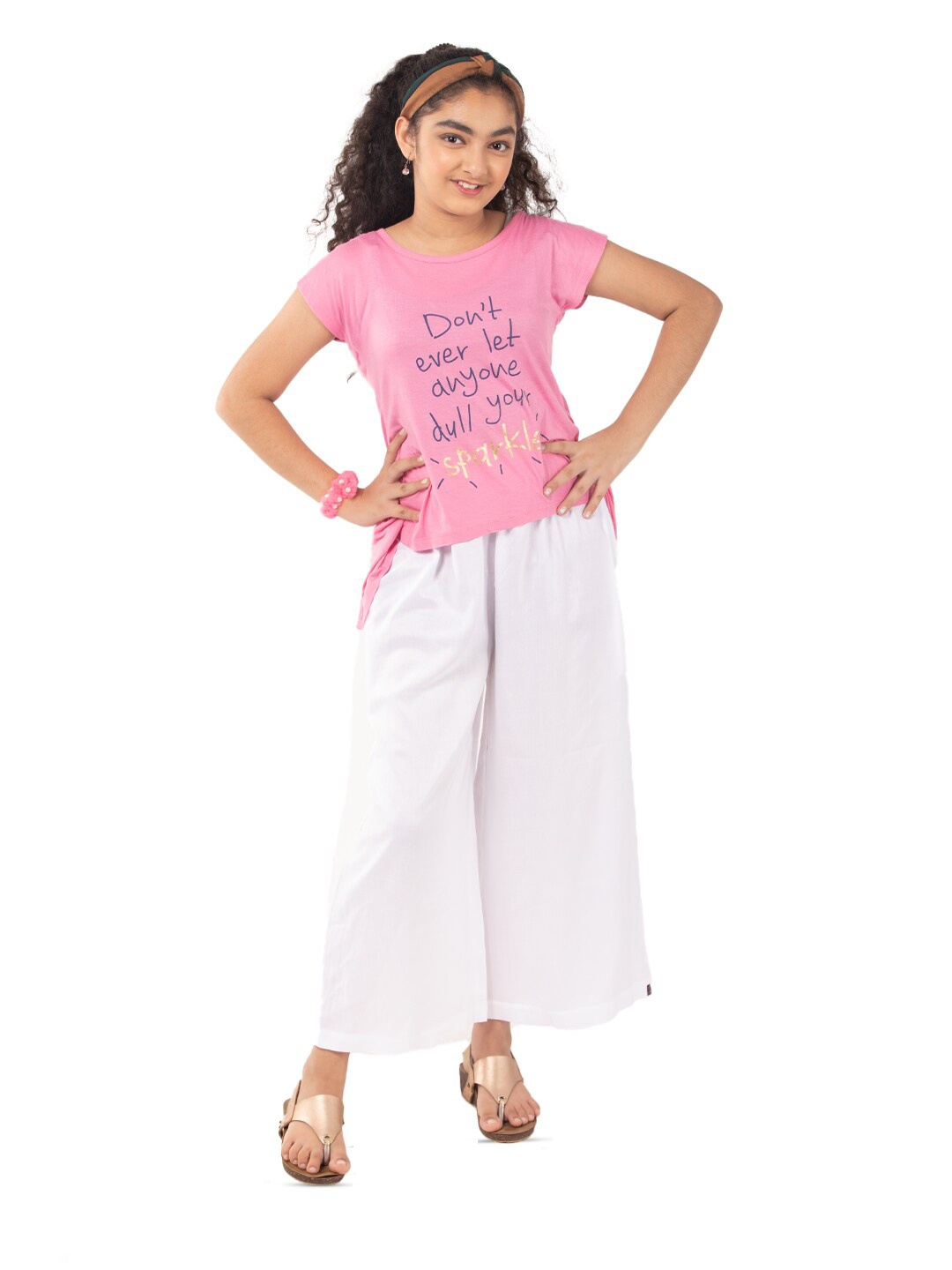 

indian flower Girls Wide Leg Palazzos, White