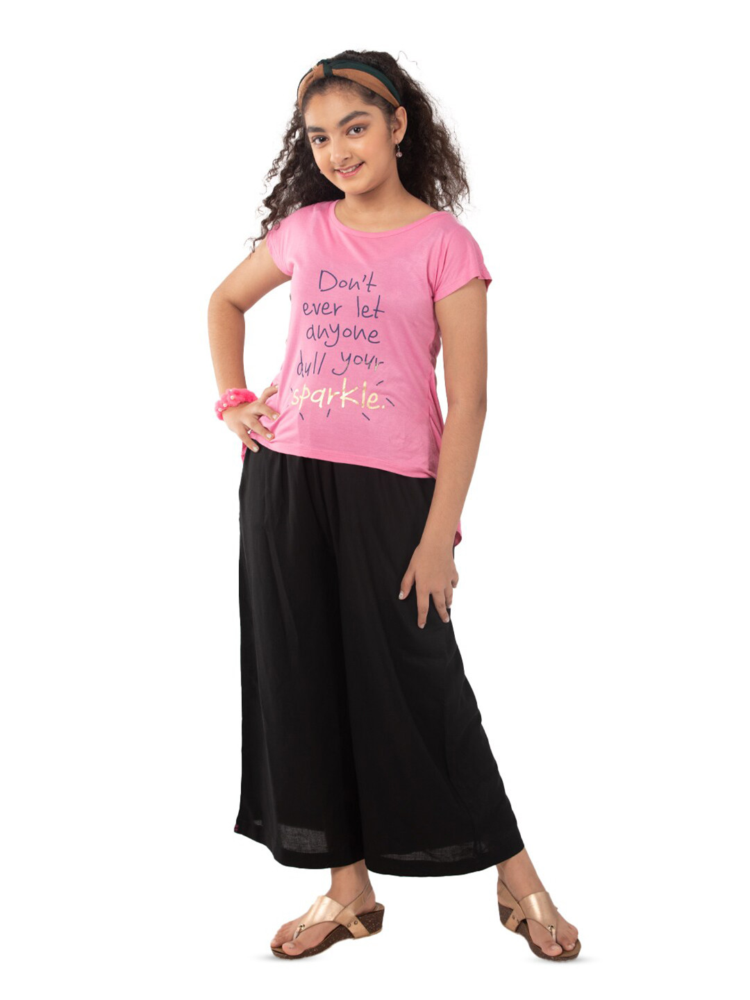 

indian flower Girls Wide Leg Palazzos, Black