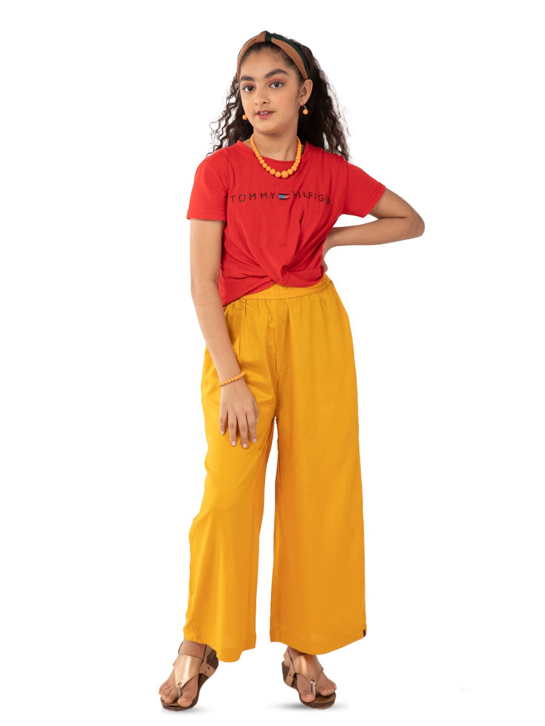 

indian flower Girls Wide Leg Palazzos, Yellow