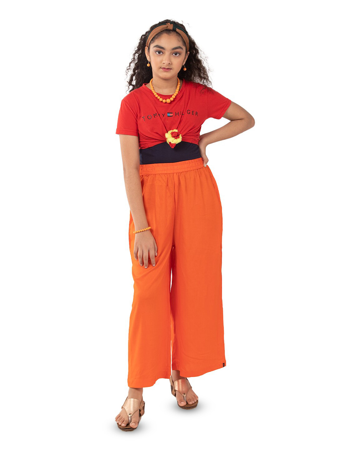 

indian flower Girls Wide Leg Palazzos, Orange
