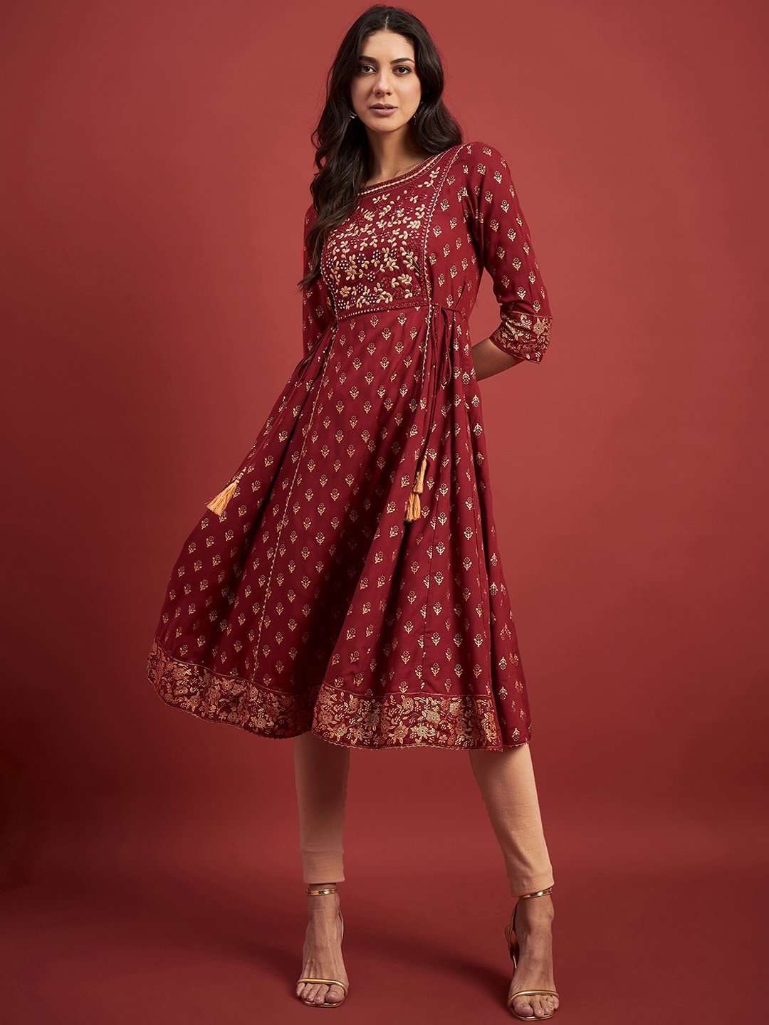 

all about you Maroon Ethnic Motifs Printed Thread Work A-Line Kurta