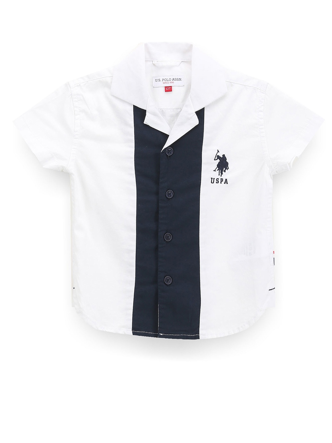 

U.S. Polo Assn. Kids Boys Colourblocked Cuban Collar Classic Pure Cotton Casual Shirt, White