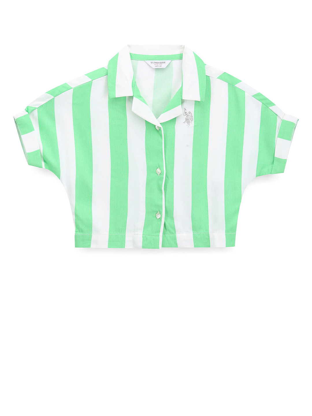 

U.S. Polo Assn. Kids Girls Vertical Striped Cuban Collar Classic Crop Casual Shirt, Green