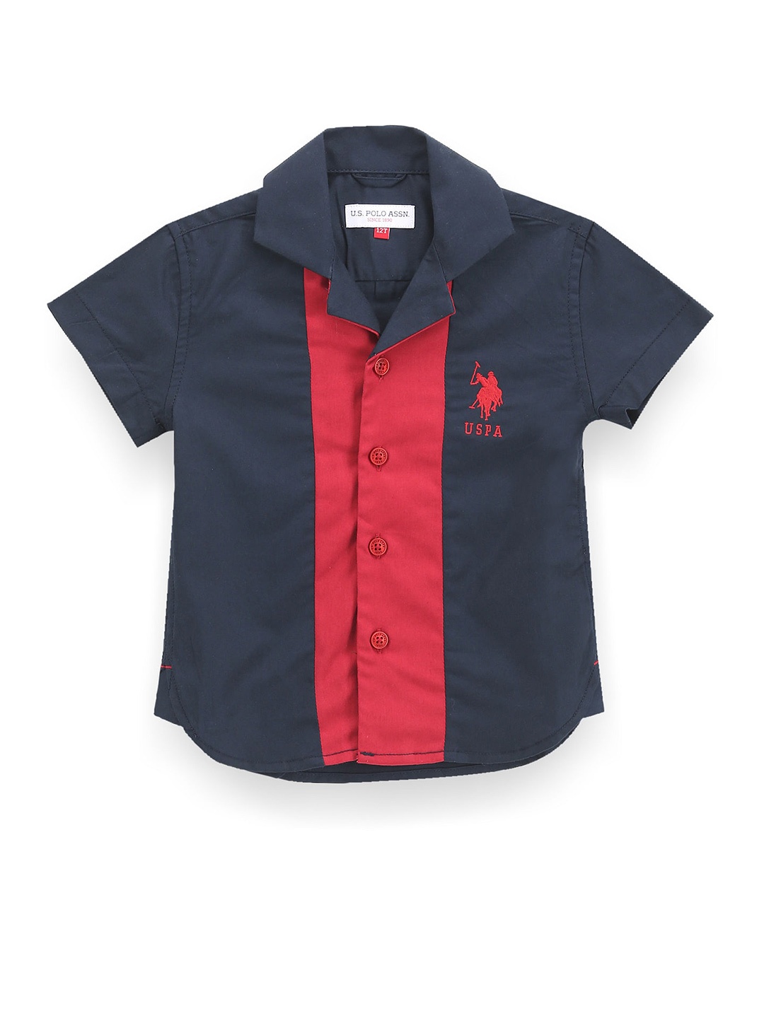 

U.S. Polo Assn. Kids Boys Colourblocked Cuban Collar Classic Pure Cotton Casual Shirt, Blue