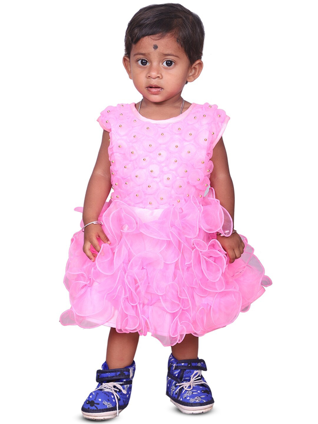 

BAESD Girls Self Designed Round Neck Embellished Cotton Fit & Flare Dress, Pink
