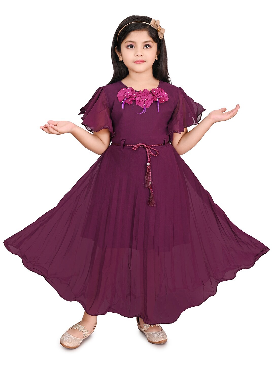 

BAESD Girls Flared Sleeve Cotton Fit & Flare Maxi Dress, Purple