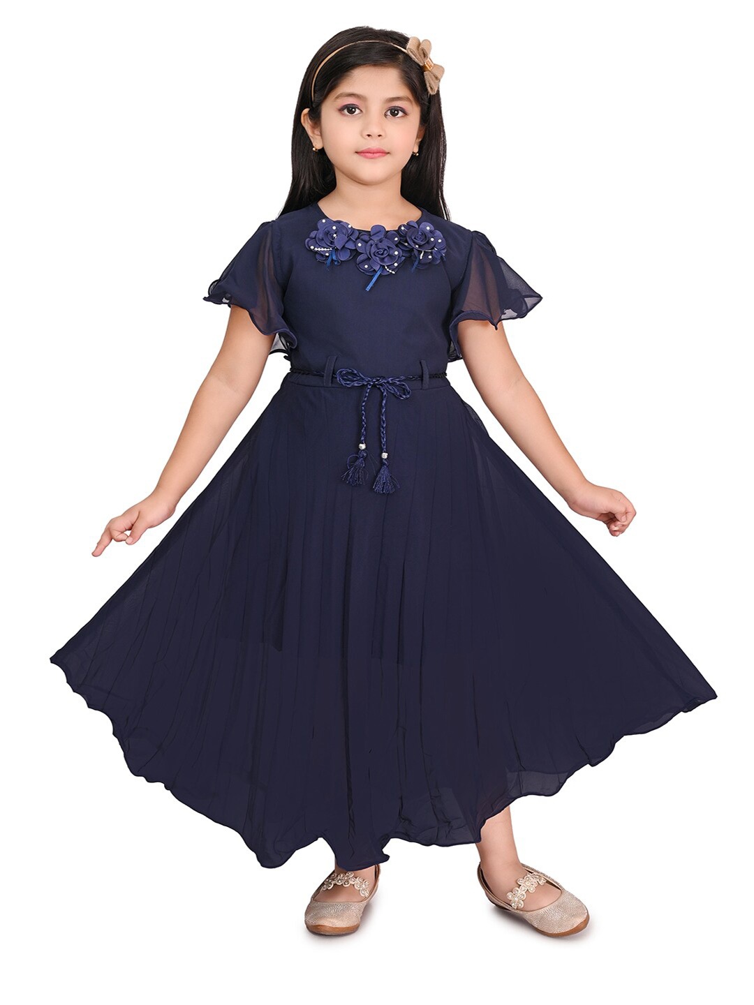 

BAESD Girls Flared Sleeve Cotton Fit & Flare Maxi Dress, Blue