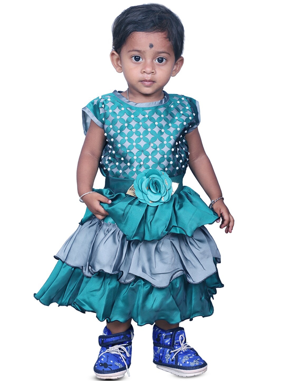 

BAESD Girls Geometric Printed Cotton Fit & Flare Dress, Turquoise blue