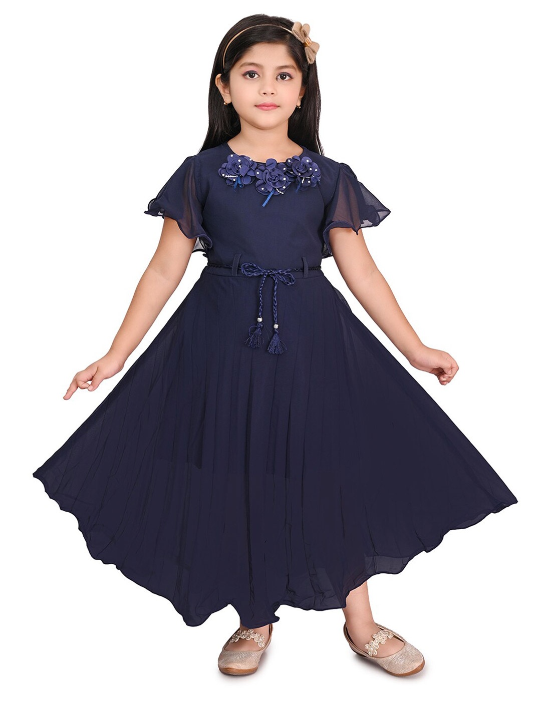 

BAESD Girls Embellished Flutter Sleeve Fit & Flare Cotton Maxi Dress, Blue