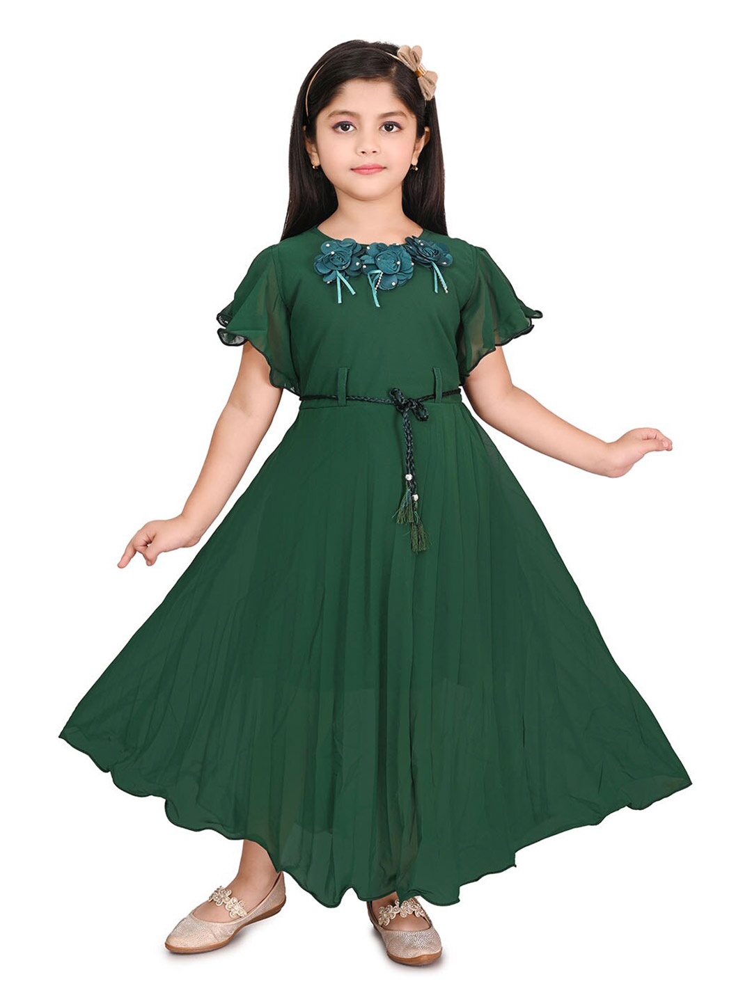

BAESD Round Neck Flared Sleeves Cotton Maxi Dress, Green