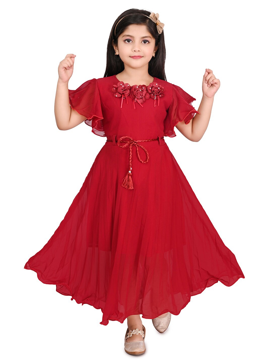

BAESD Girls Flared Sleeve Tie Ups Fit & Flare Cotton Maxi Dress, Red